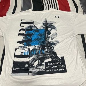 Blue and White Short Sleeve Tee with Eiffel Tower Graphic